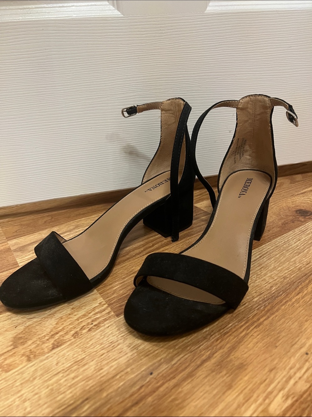 Merona Black Suede Block Heel Ankle Strap Sandals